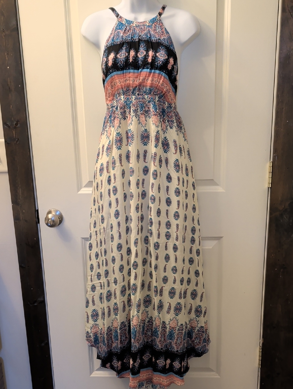 Lulu's Cream Maxi Dress with Blue and Coral Accents
